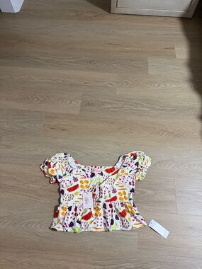 White Fruit-Print Smocked Crop Top with Ruffle Sleeves